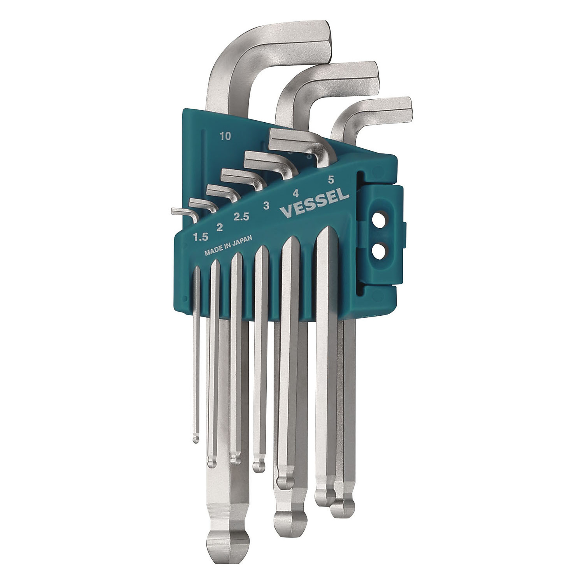 Vessel Ball Point Hex L-Key Wrench Set - Stubby Short Type, 9 Pcs, Magnetized Tip, Nickel-Plated, Model# 8209BPSU